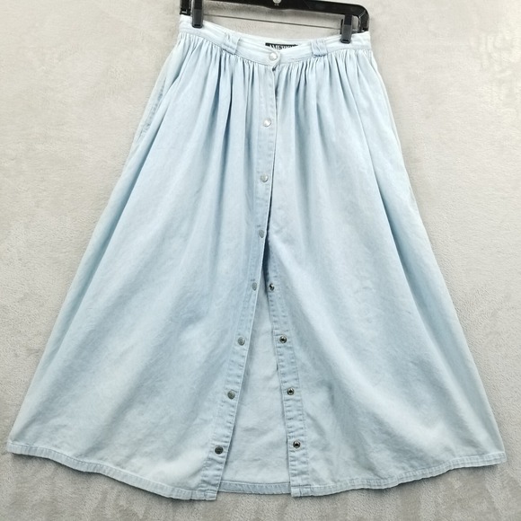 Vintage Skirt Women 10 Blue Denim Gathered Snap Front Pockets 90's Boho Cottage - Picture 3 of 9